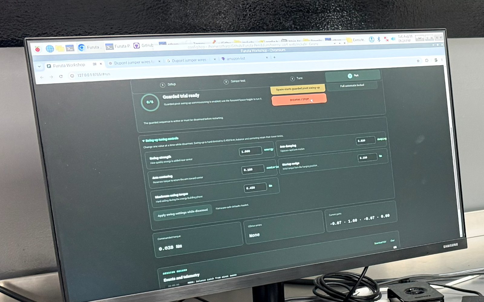 Browser tuning and telemetry interface running the guarded swing-up